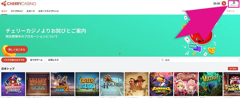 チェリーカジノのプロフィールボタン
