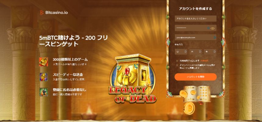 ビットカジノのアカウント開設画面