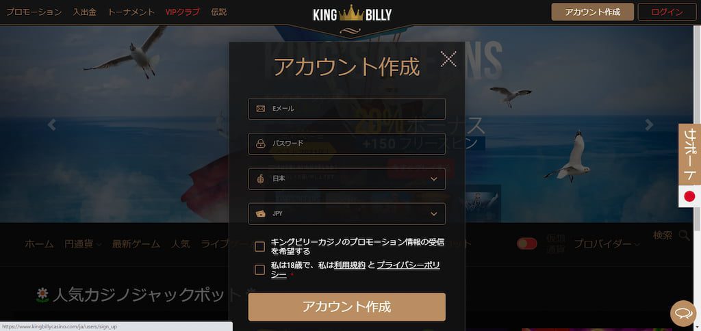 キングビリーカジノの登録画面