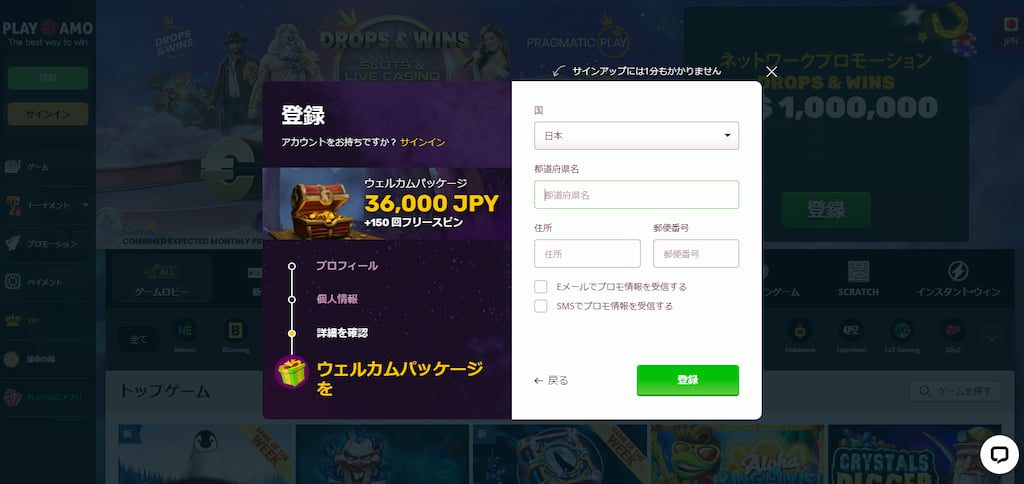 プレイアモカジノの登録画面3