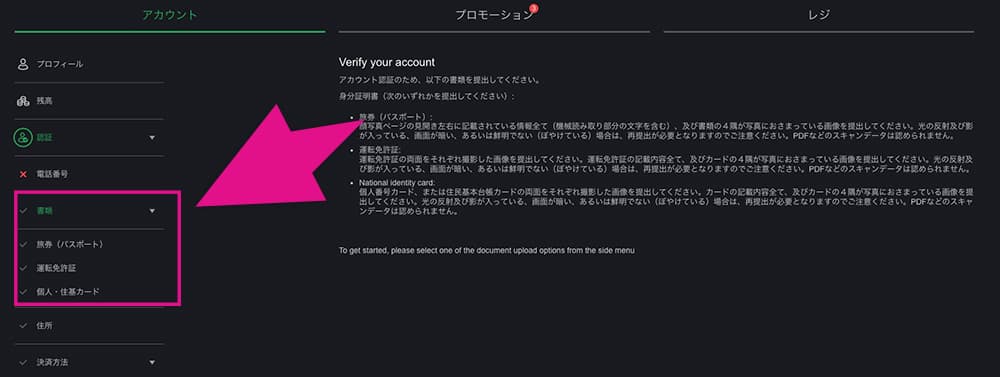 ボンズカジノの書類ボタン
