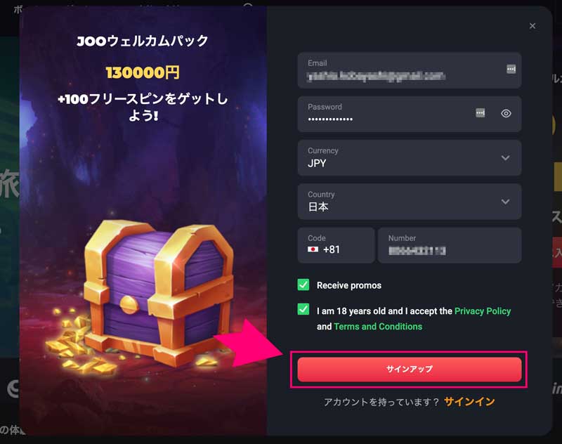 ジョーカジノのサインアップのための情報を入力