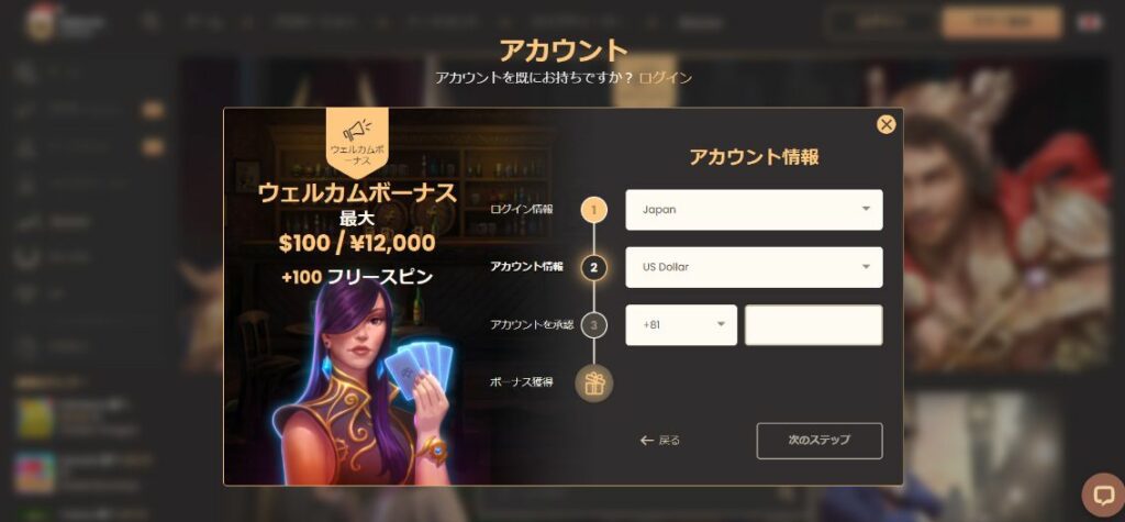 ナショナルカジノのアカウント情報入力