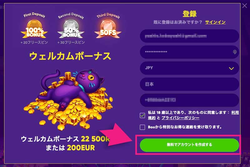 バオカジノの登録画面1