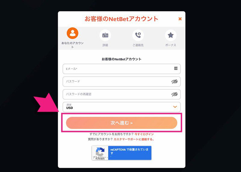ネットベットカジノの登録画面