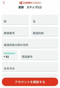 チェリーカジノのスマホ登録画面2