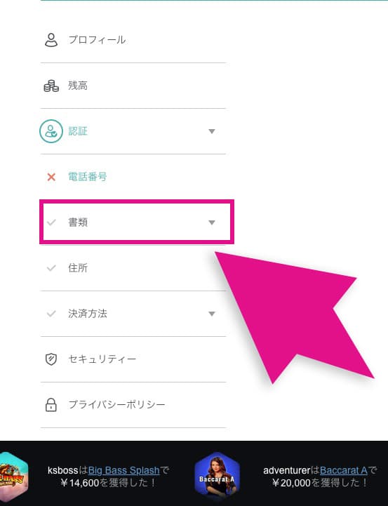 コンクエスタドールカジノの書類ボタン