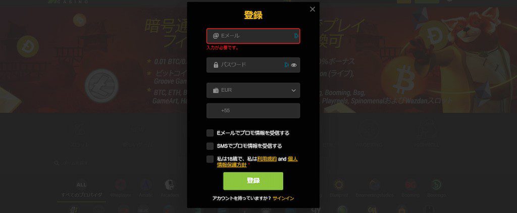 ファストペイカジノの登録画面