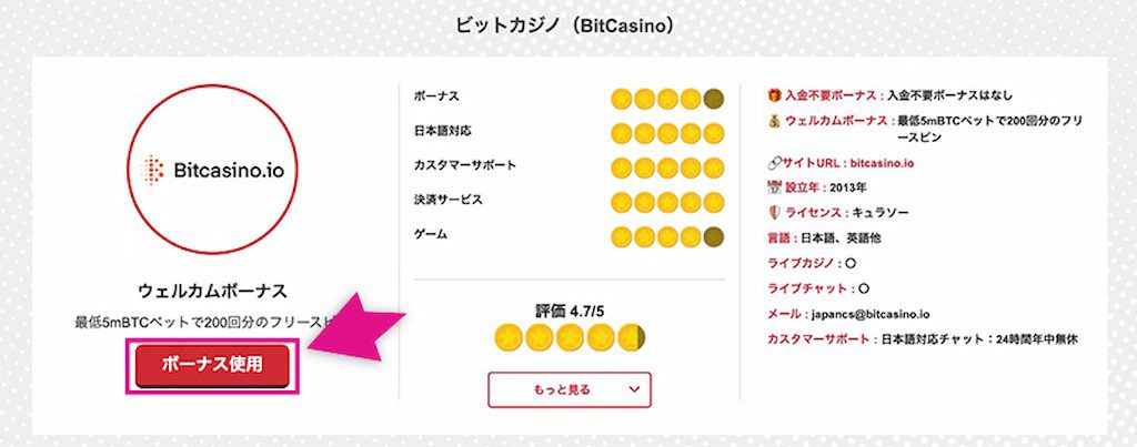 The sohoのビットカジノのボーナス使用ボタン