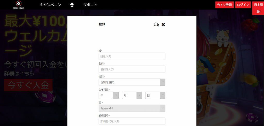カジノエレベイトの登録画面2