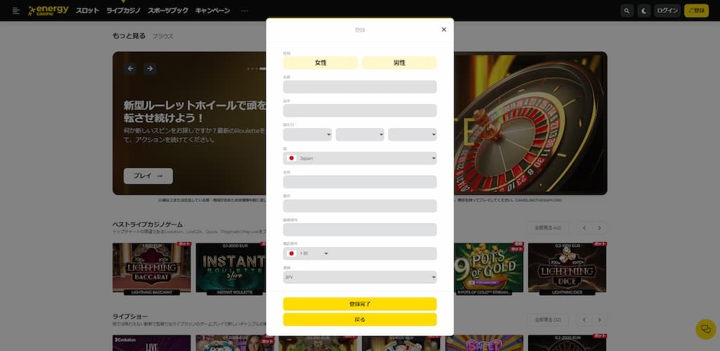 エナジーカジノの登録画面2