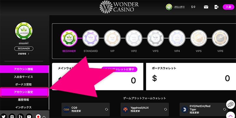 ワンダーカジノのアカウント設定