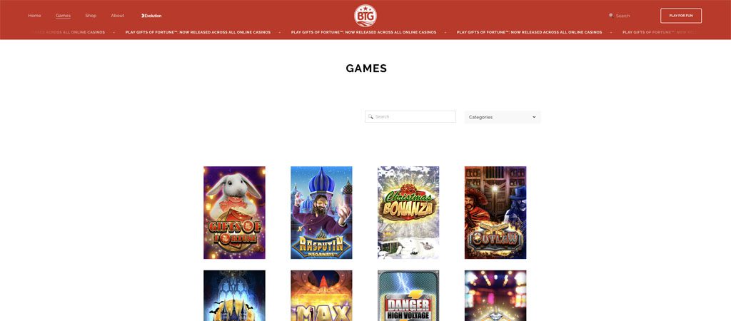 screenshot big time gaming homepage