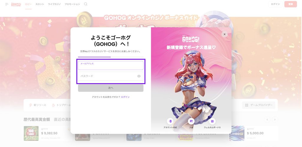 ゴーホグ Step 2: メールアドレスとパスワードを入力する