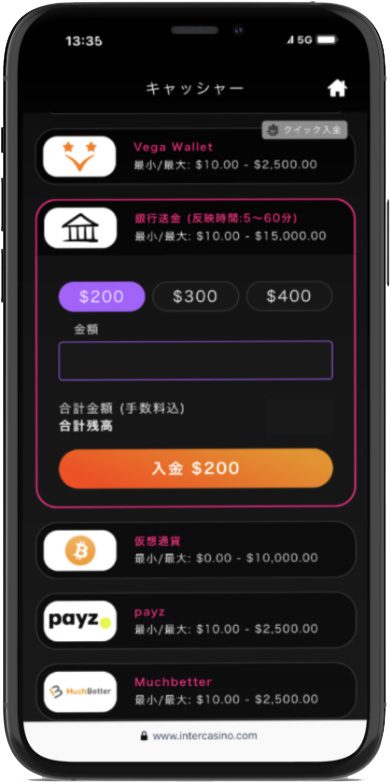 Step 4: 銀行送金を選択 入金方法 インターカジノ