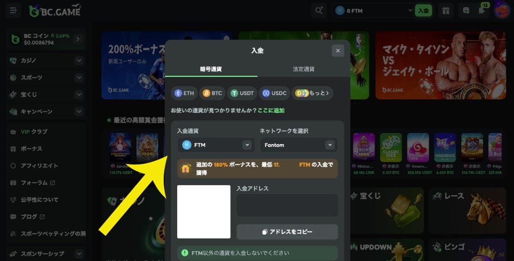 ステップ４ 入金を選択